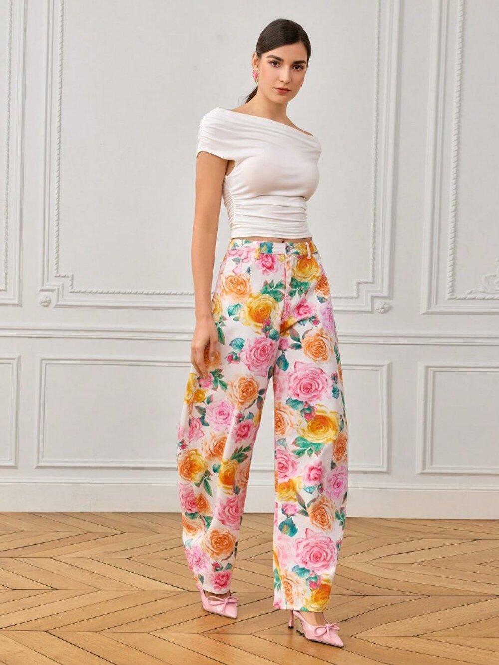 White Boho Women's / Watercolor Colorful Floral Denim Print Flared Pants - Picture 5 of 5